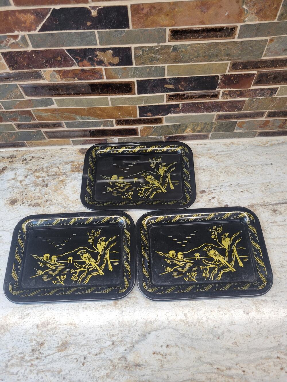 3 Vintage Tip Trinket Trays, Black/Gold Asian Style, Tin Snack Tidbit